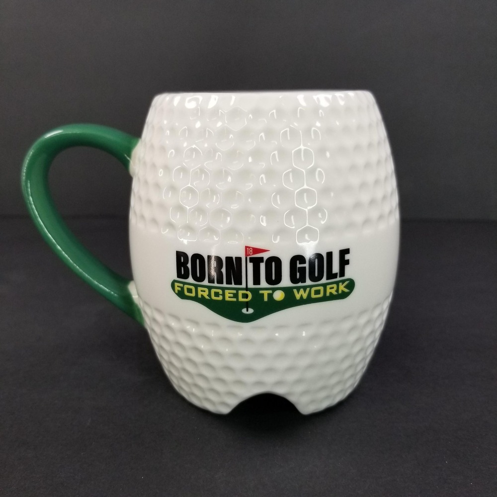 Born To Golf Forced To Work Golf Ball Shaped Ceramic Coffee Mug White Green - Picture 2 of 9
